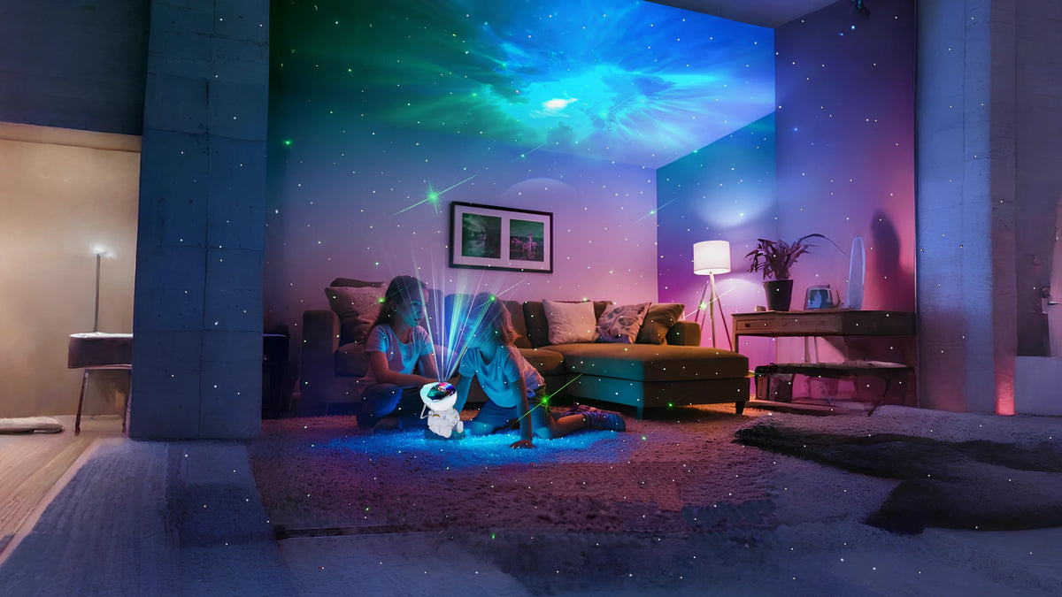 Techify™ astronaut galaxy projector displayed in a lifestyle scene, projecting colorful galaxies and stars for a smart and relaxing atmosphere