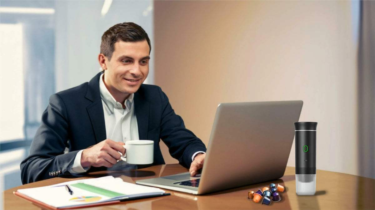 Techify™ portable coffee maker showcased in a lifestyle setting, highlighting convenience and modern smart design for everyday coffee lovers