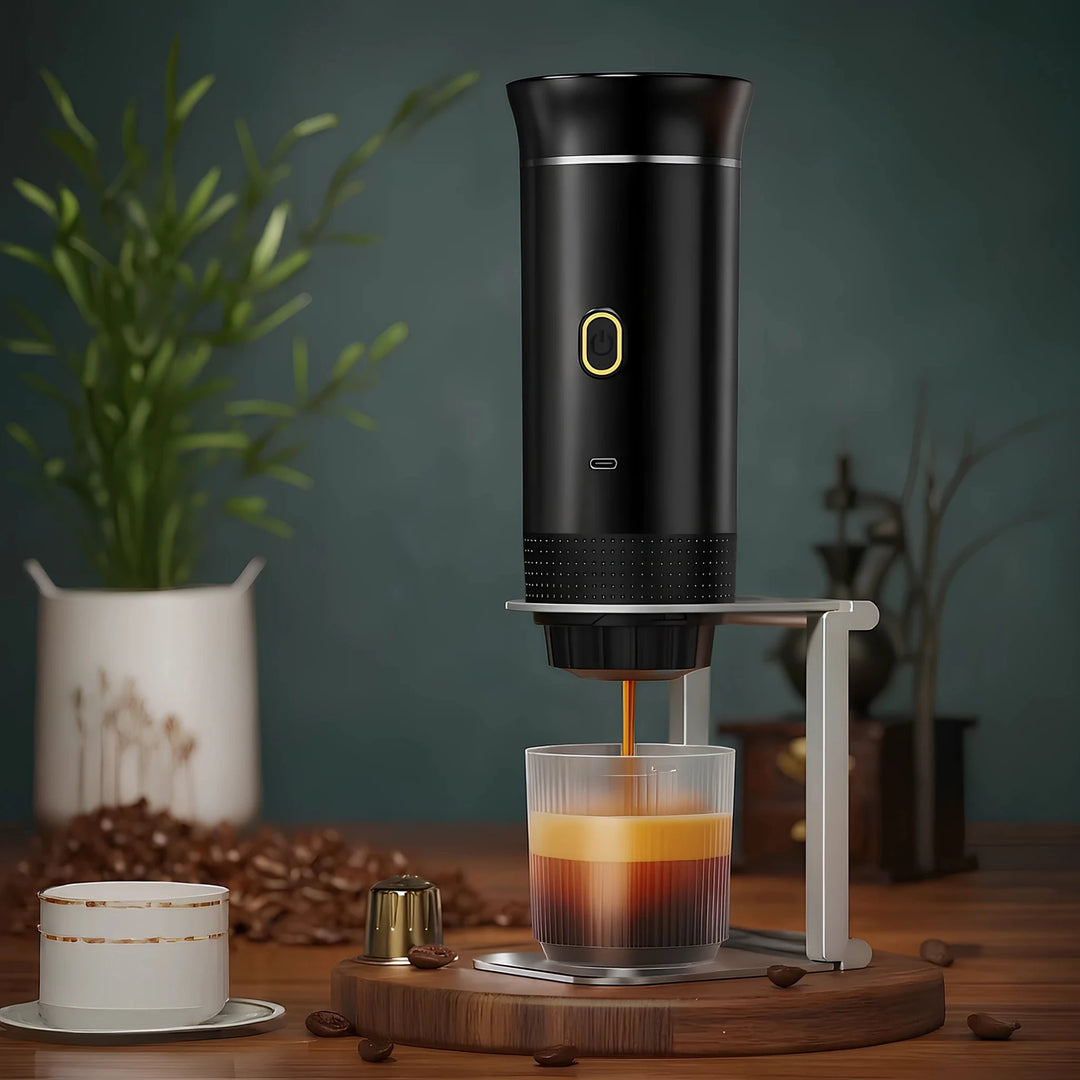 Techify™ portable coffee maker in usage, highlighting its compact design and convenience — perfect for brewing fresh coffee anywhere from work to outdoor trips.