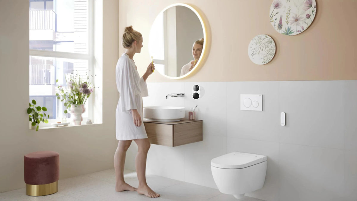 Techify™ UV toothbrush sterilizer shown in a lifestyle setting, highlighting smart UV hygiene technology and everyday protection for oral care in a bathroom
